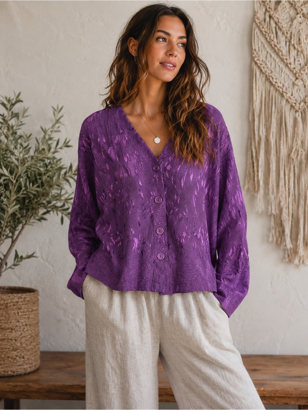 Caribe Vintage Purple Textured Leaf Linen Rayon Lagenlook Button Cardigan Top